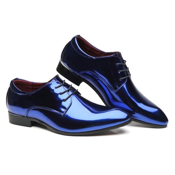 Santimon Men's US 11 Patent Leather Shiny Blue Oxford Shoes Pointed Toe Lace Up - Picture 5 of 11